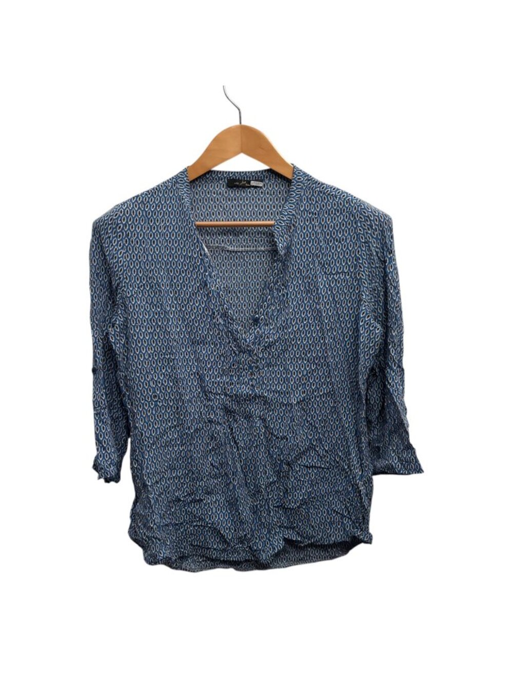 Jad French Abstract Geo Print Popover Top L Made in France V-Neck Blouse